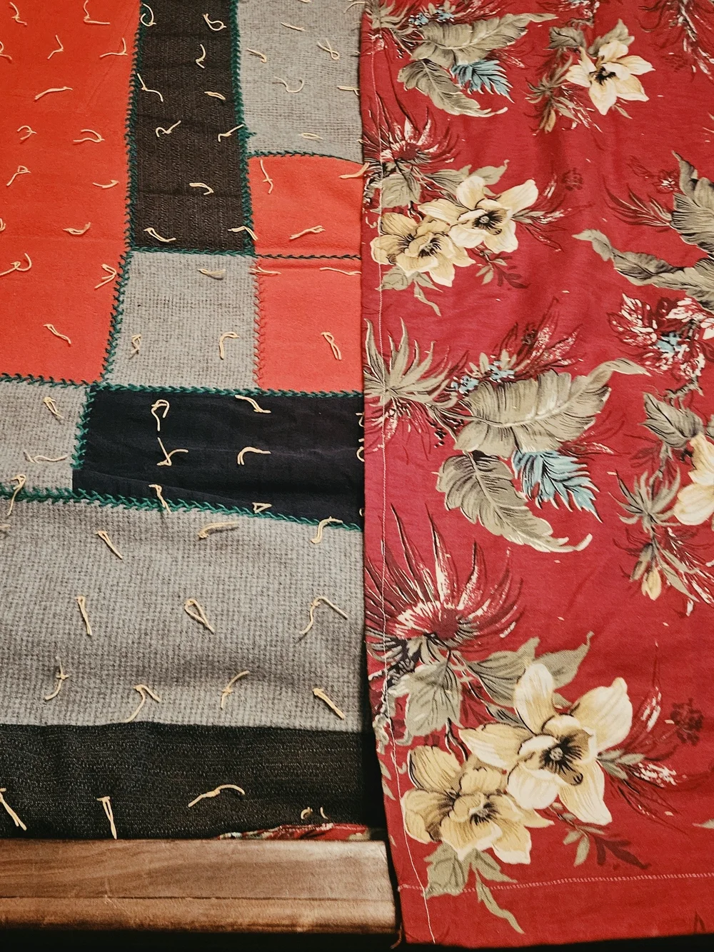 Vintage Handmade Patchwork Quilt in Red Black & Gray Wool And Cotten Pieces.